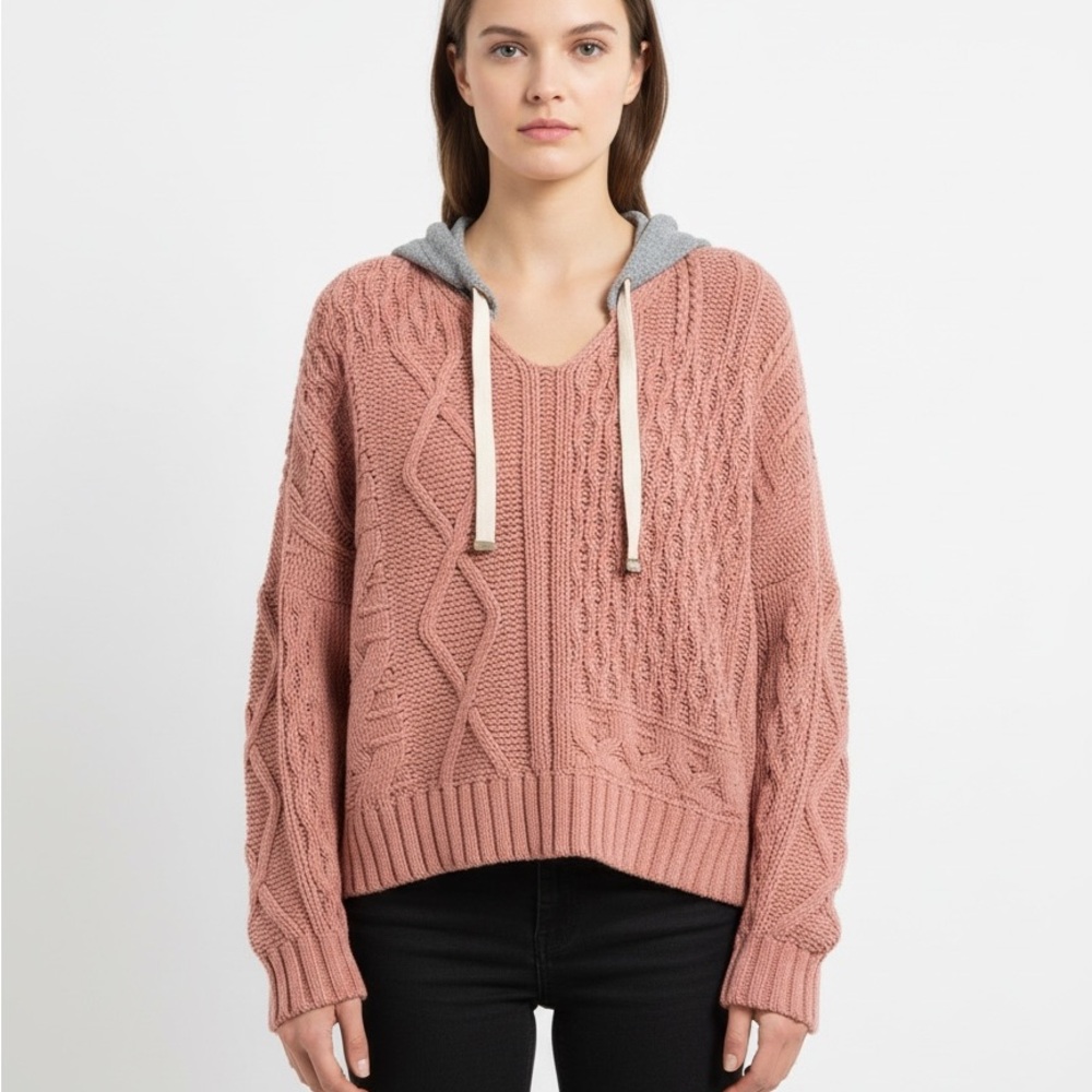 Elan Peach Cable Knit Chunky Oversized Hoodie Sweater In Size S